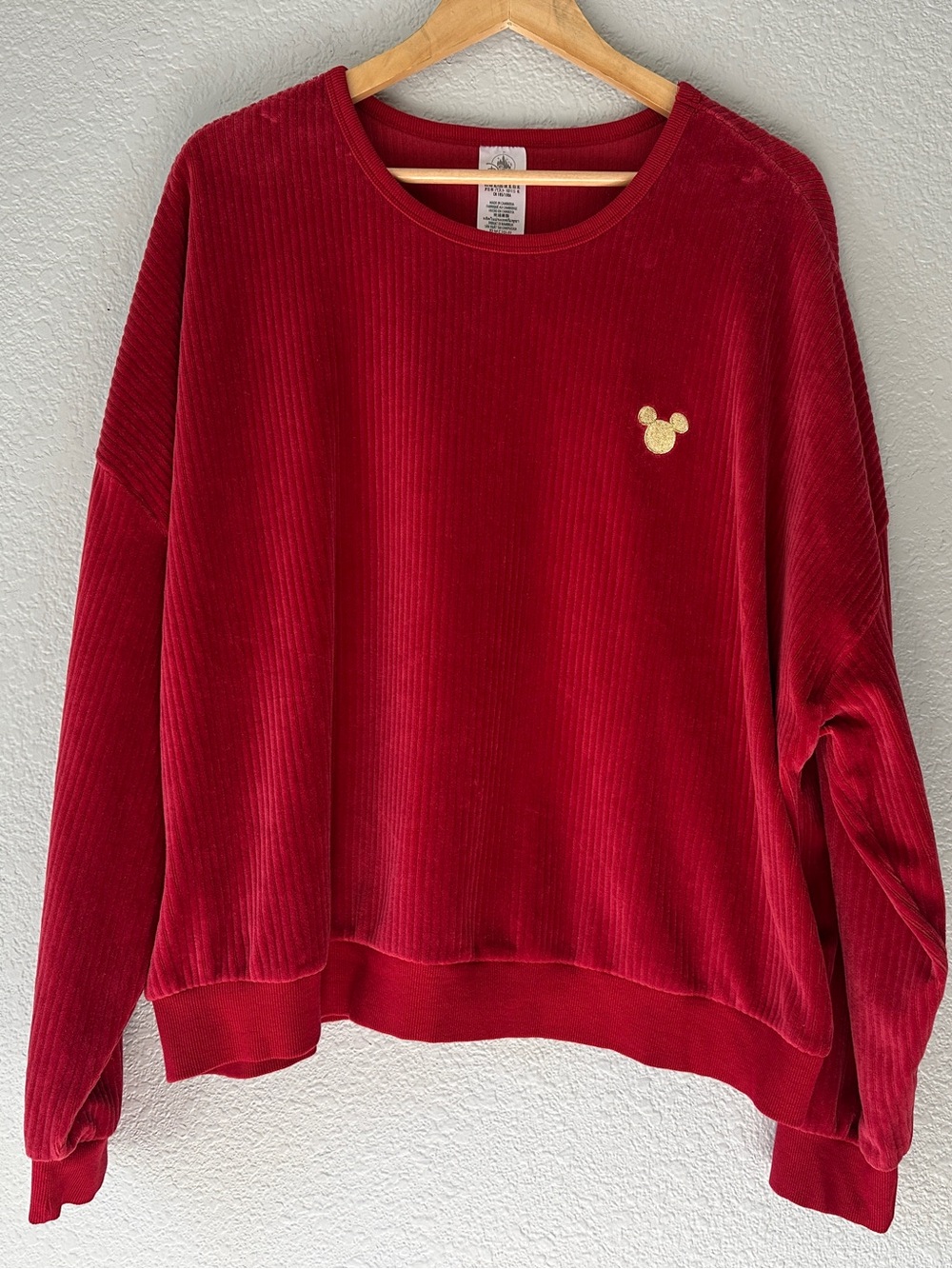 Disney Red Ribbed Velour Velvet Pullover With Gold Embroidered Mickey - Size XL